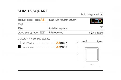 Потолочный  светильник  Azzardo  AZ2837  Slim  15  Square  3000K  IP44  (white)