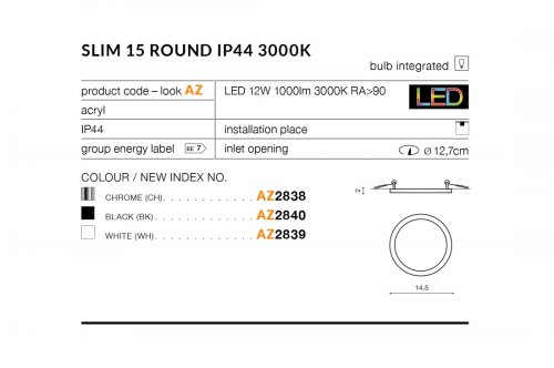 Потолочный светильник Azzardo AZ2839 Slim 15 Round 3000K IP44 (white)
