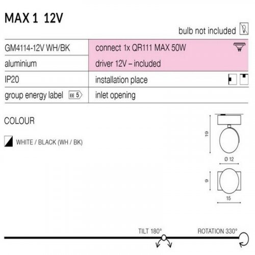 Спот Azzardo AZ1372 Max 1 12V (white/black) (GM4114-12V-WH-BK)