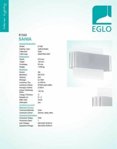 Светильник настенный Eglo 91342 Sania