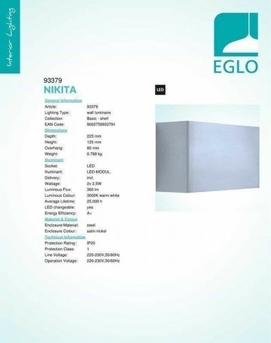 Светильник настенный Eglo 93379 Nikita