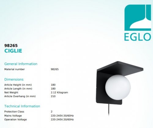 Настінний світильник Eglo 98265 CIGLIE (26263)