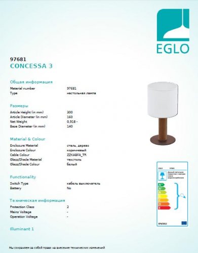 Настольная лампа Eglo 97681 CONCESSA (14820)