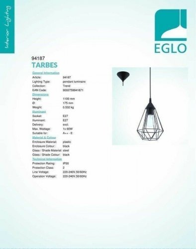 Светильник подвесной Eglo 94187 Tarbes (82765)