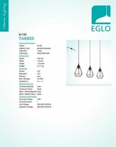 Светильник подвесной Eglo 94189 Tarbes (82767)