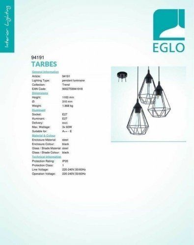 Світильник підвісний Eglo 94191 Tarbes (82768)
