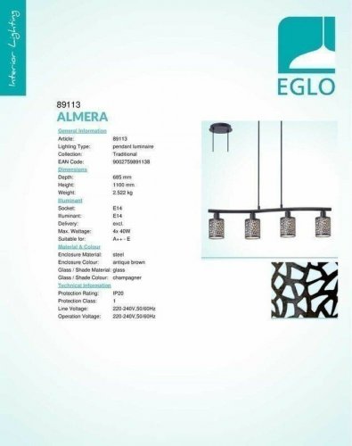 Светильник подвесной Eglo 89113 Almera (33447)
