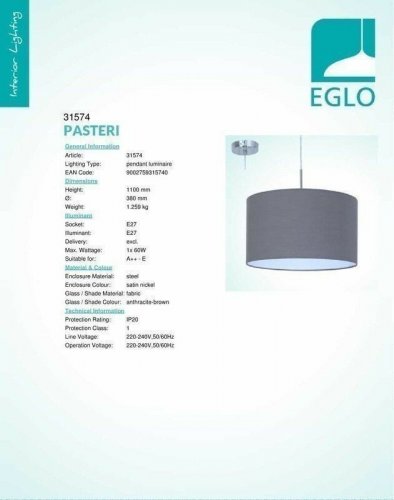 Светильник подвесной Eglo 31574 Pasteri (75065)