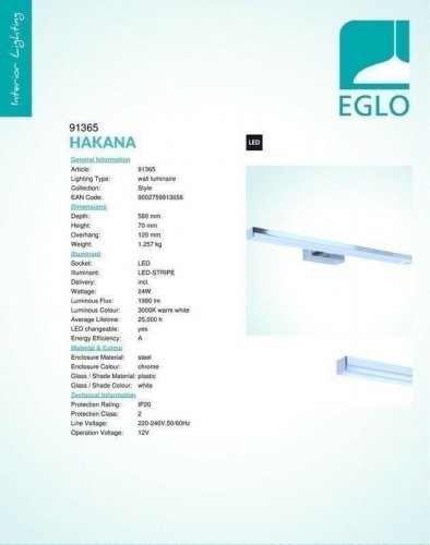 Світильник настінний Eglo 91365 Hakana (42125)