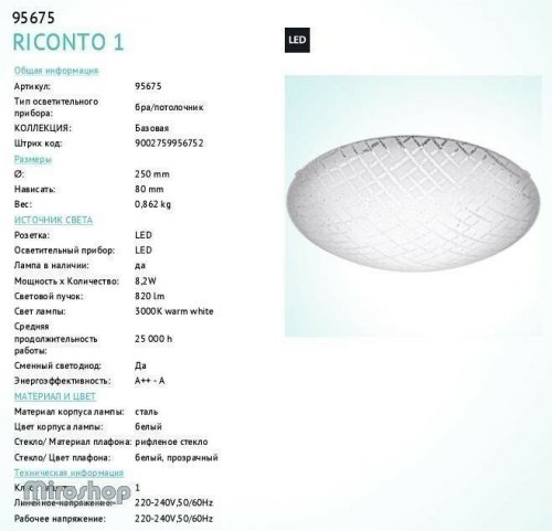 Стельовий світильник Eglo 95675 Riconto 1 (90005)