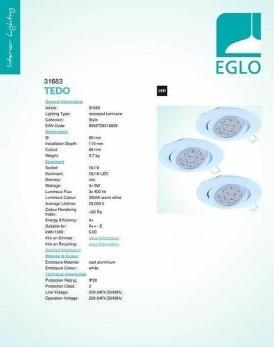 Точечный  светильник  Eglo  31683  Einbauspot  (набор  из  3шт)  (82665)