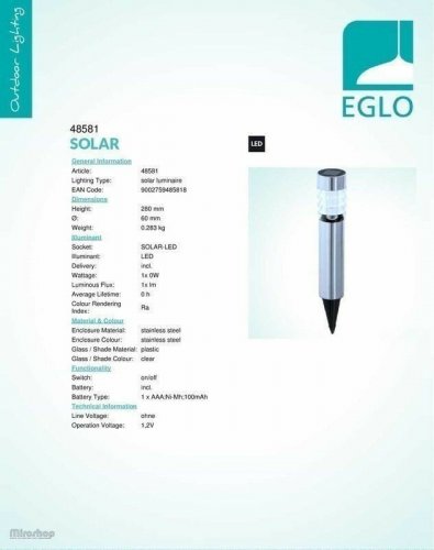 Світильник на сонячних батареях Eglo 48581 Solar