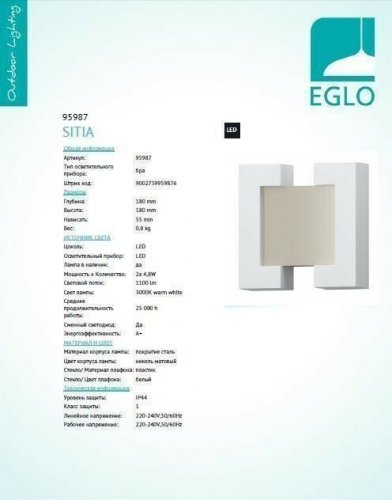 Настінний світильник Eglo 95987 Sitia (92689)