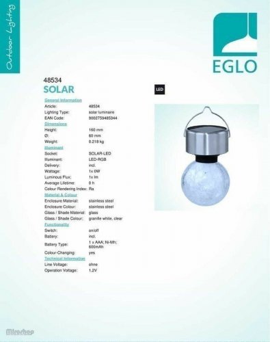 Вуличний світильник Eglo 48534 Solar