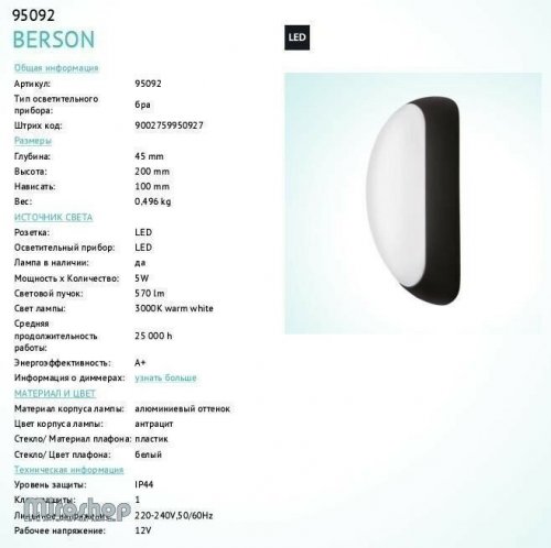 Вуличний світильник Eglo 95092 Berson