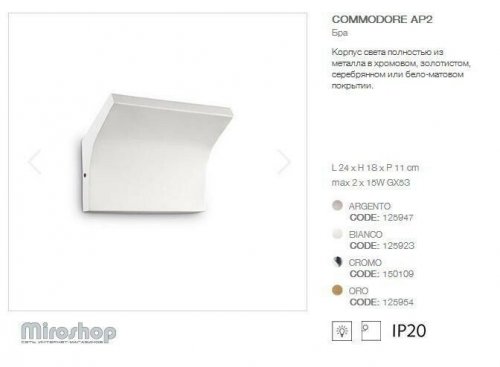 Бра Ideal Lux COMMODORE AP2 BIANCO (125923) (93979)