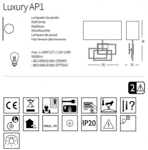 Настінний світильник Ideal Lux LUXURY AP1 CROMO (201054) (22925)