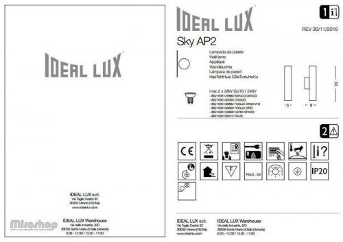 Бра Ideal Lux SKY AP2 ORO (136899) (93998)