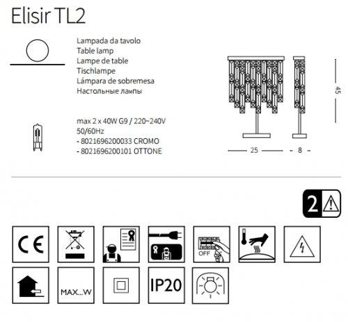 Настільна лампа Ideal Lux ELISIR TL2 CROMO (200033) (23215) 