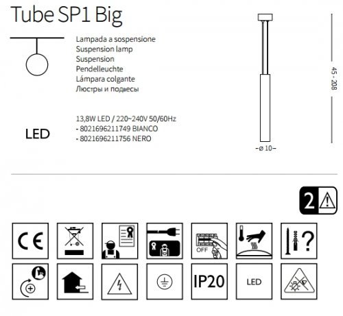 Підвісний світильник Ideal Lux TUBE SP1 BIG BIANCO (211749) (23294)