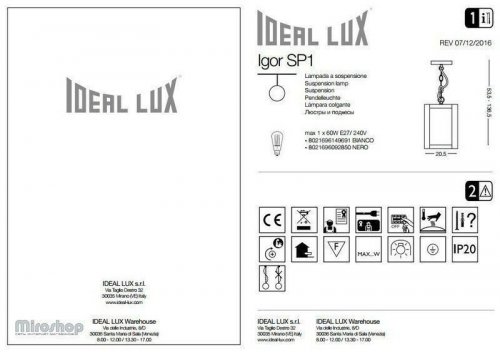 Подвесной светильник Ideal Lux IGOR SP1 NERO (092850)