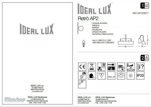 Настінний світильник Ideal Lux RETRO AP2 BRUNITO (144917) (93992)