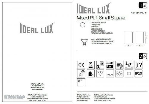 Точковий світильник Ideal Lux MOOD PL1 SMALL SQUARE BIANCO (140902) (94268) 