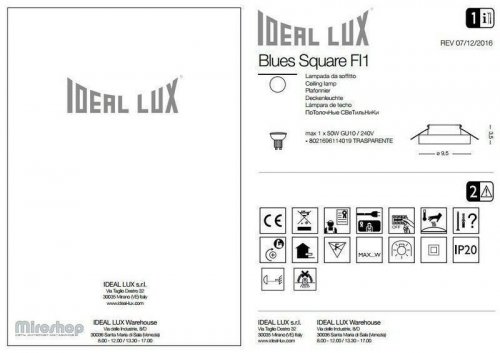 Точковий світильник Ideal Lux BLUES FI1 SQUARE TRASPARENTE (114019) (94246)