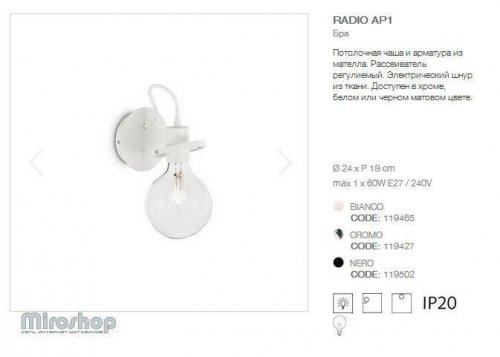 Спот Ideal Lux RADIO AP1 BIANCO (119465) (88968)