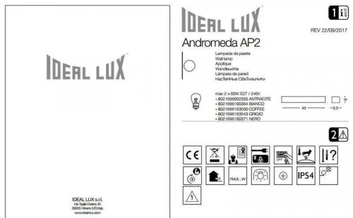 Настінний світильник Ideal Lux ANDROMEDA AP2 GRIGIO (163543) (13184)
