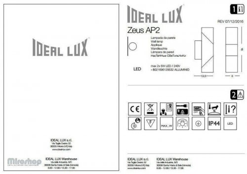 Настінний світильник Ideal Lux ZEUS AP2 (129532) (94211)